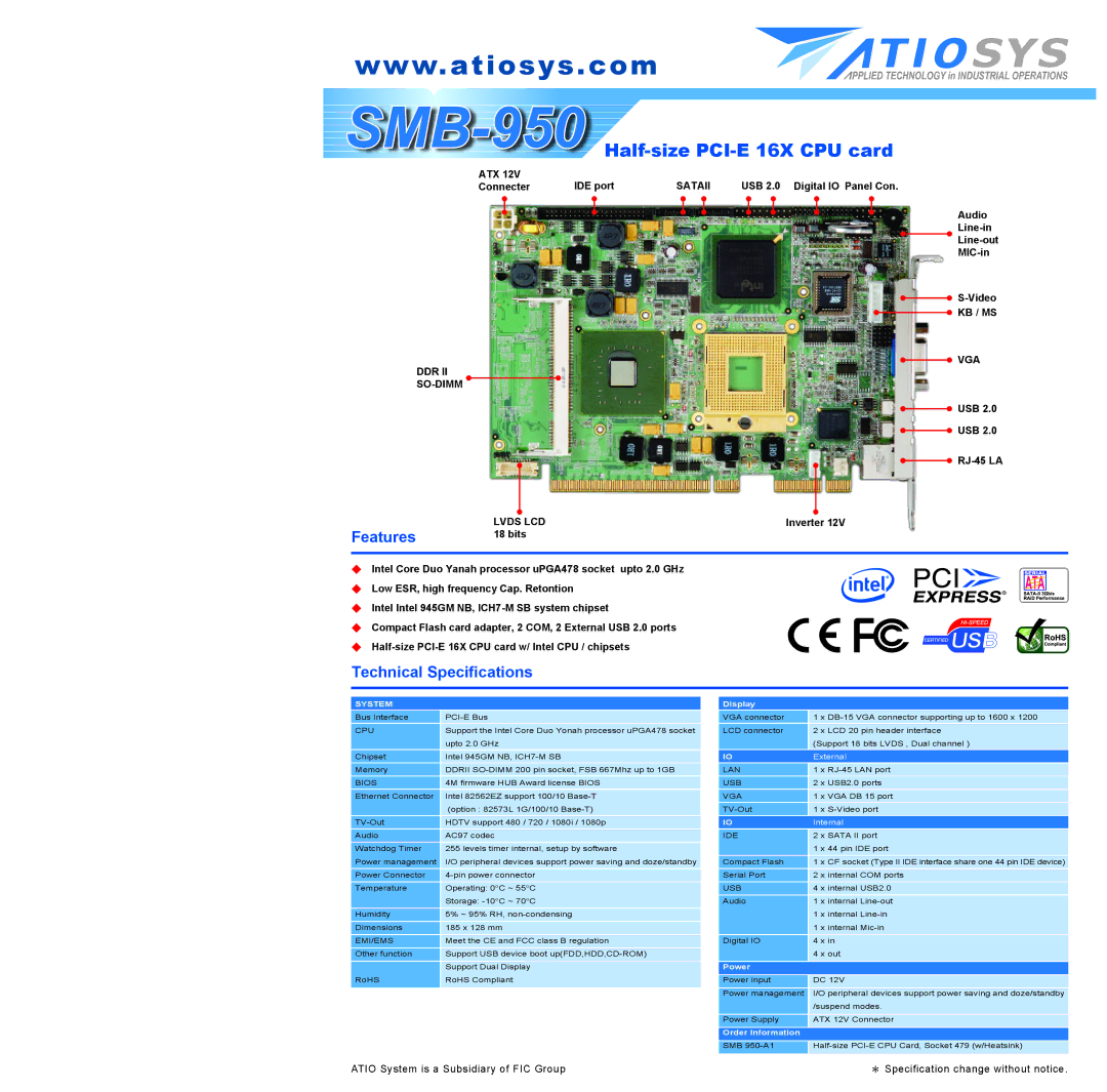 FIC SMB-950 technical specifications Features, Technical Specifications, Display, Power, Order Information 