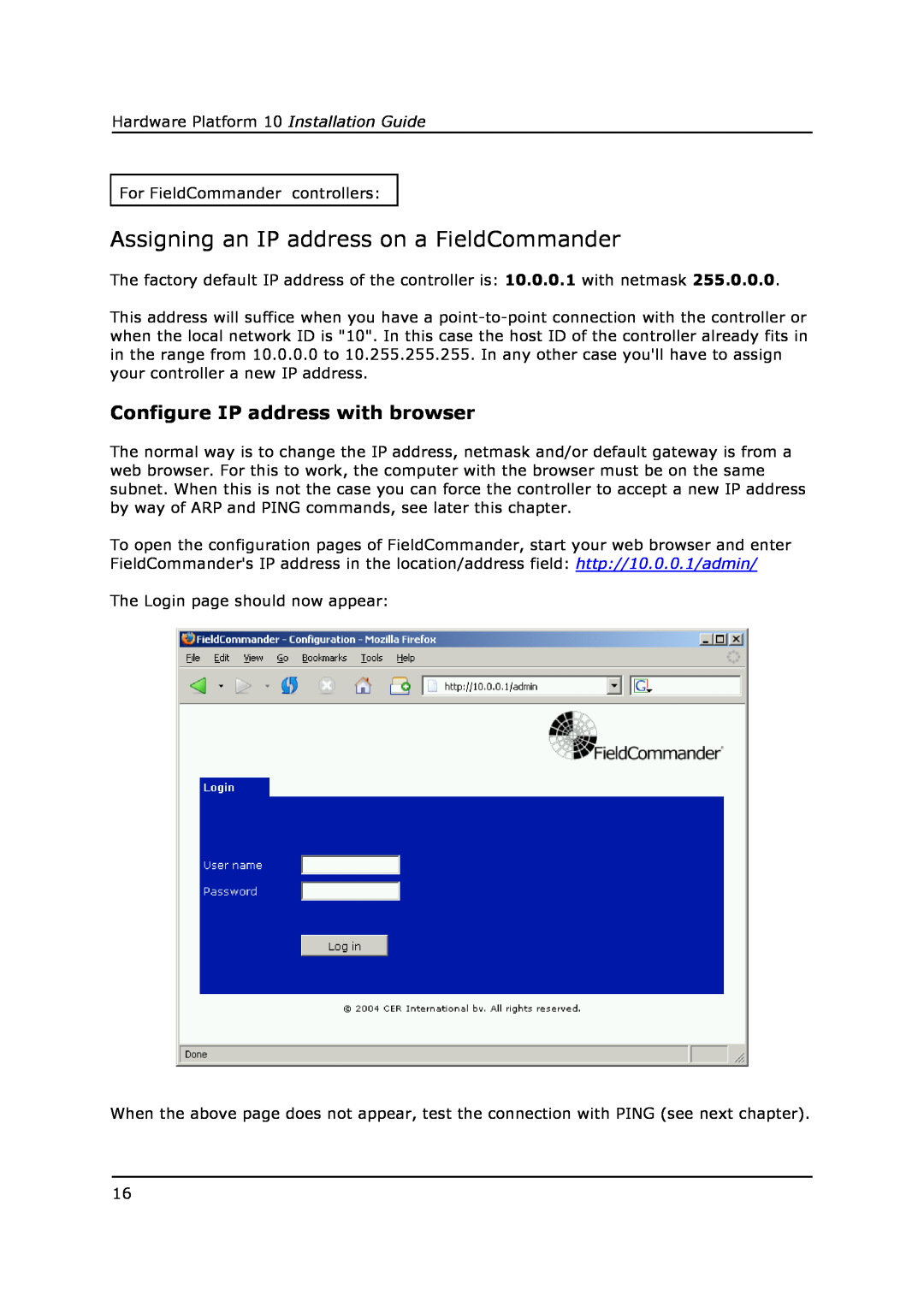 Field Controls 10 manual Assigning an IP address on a FieldCommander, Configure IP address with browser 