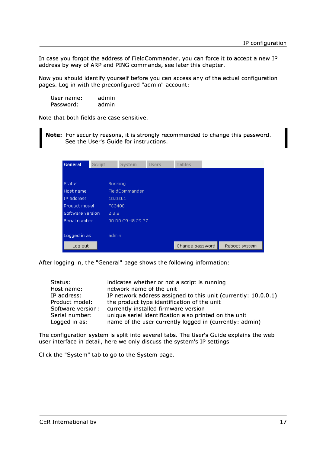 Field Controls 10 manual IP configuration, User name admin Password admin, Note that both fields are case sensitive, Status 