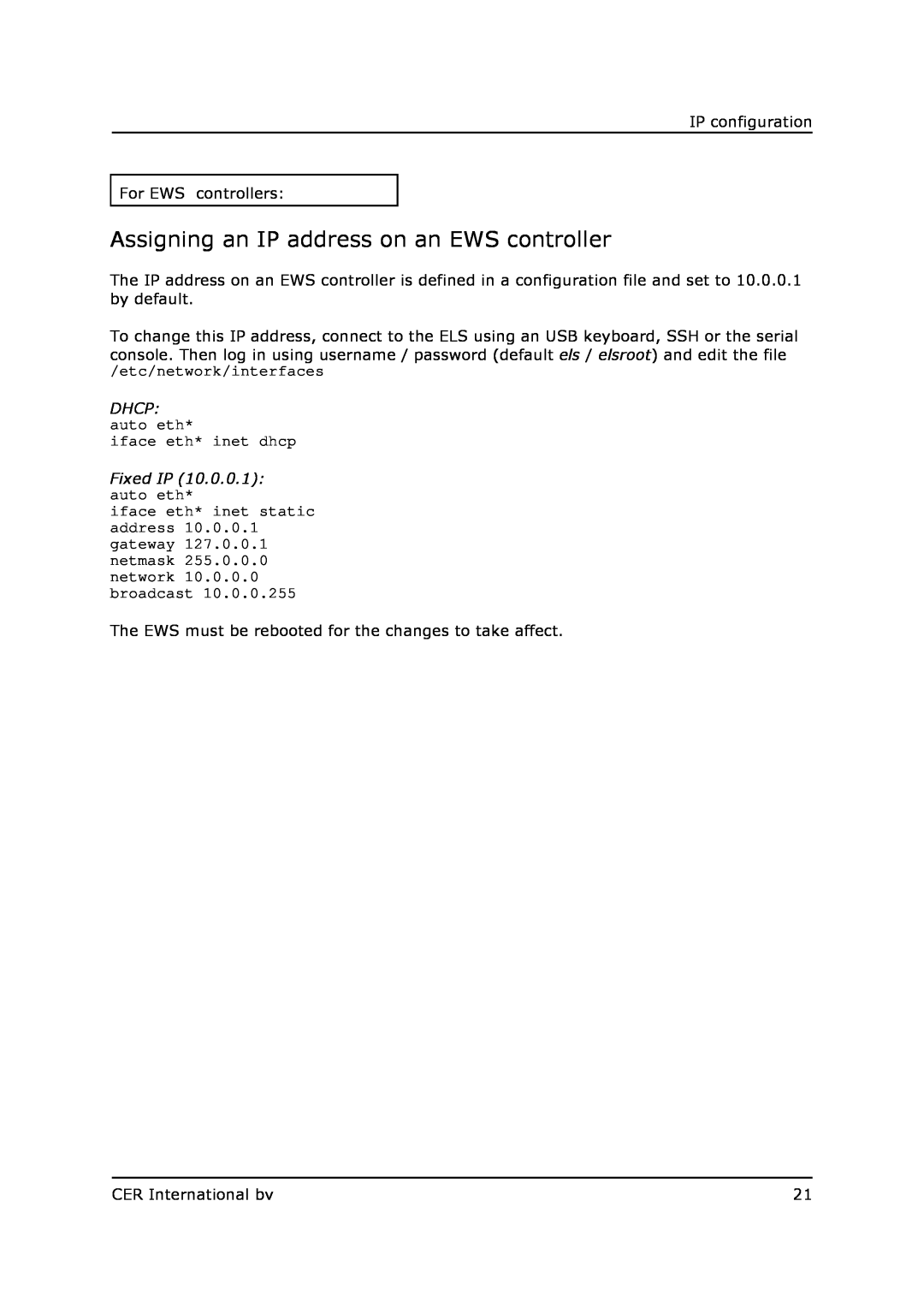 Field Controls 10 manual Assigning an IP address on an EWS controller 