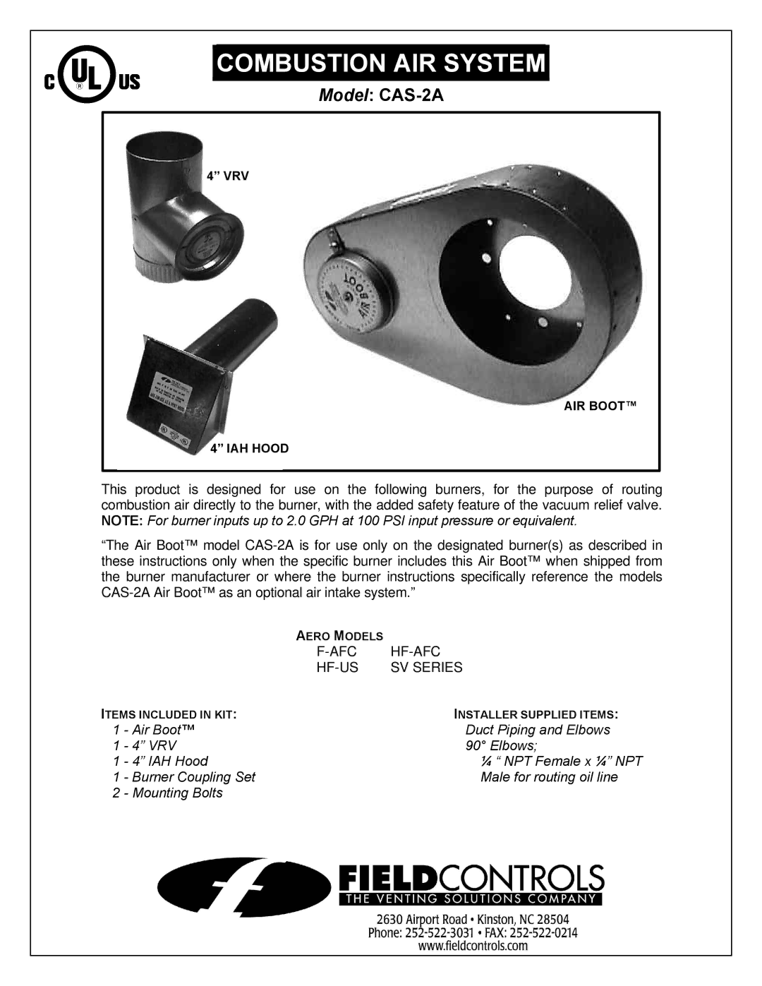 Field Controls 190CW7CS manual Combustion AIR System 