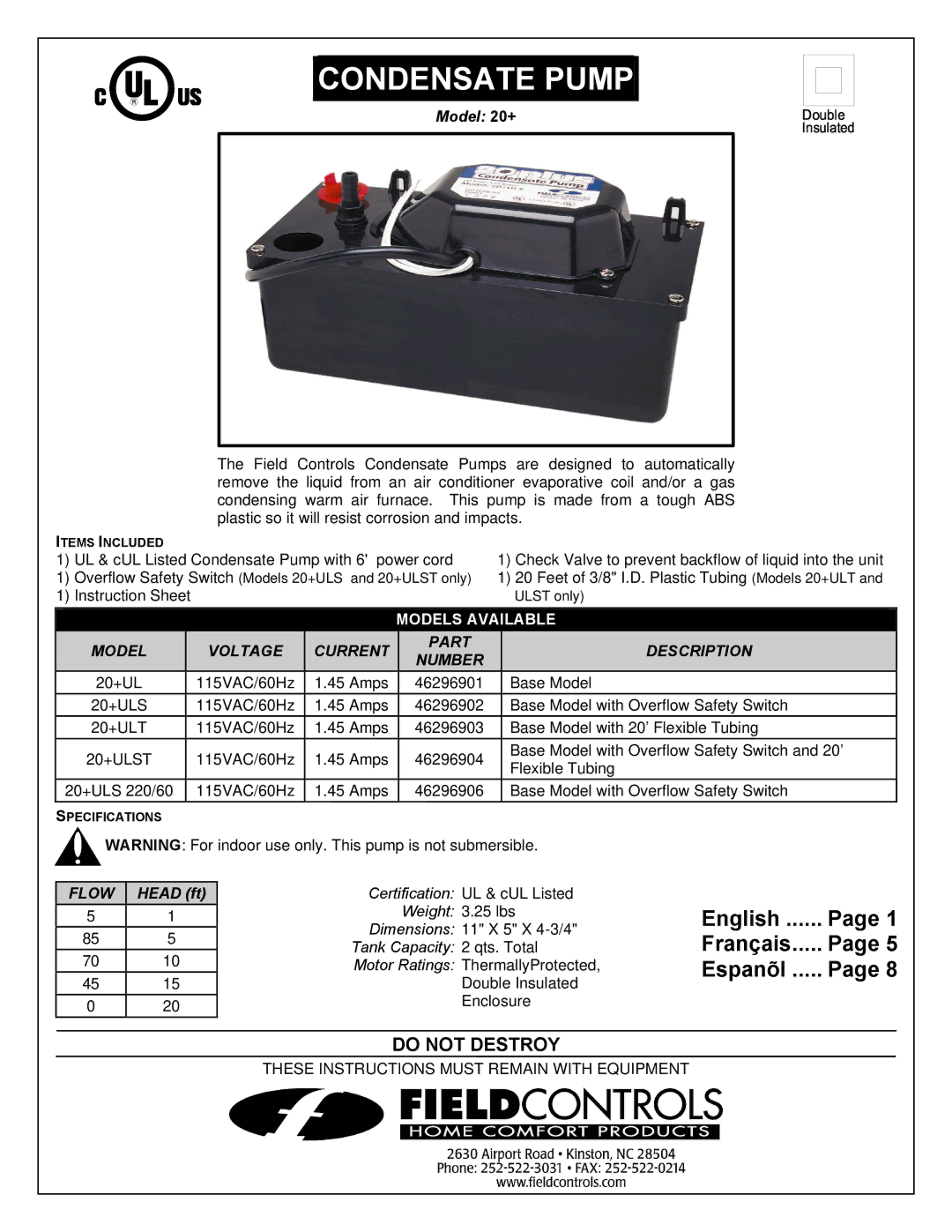 Field Controls 20+UL instruction sheet Model 20+, Head ft 