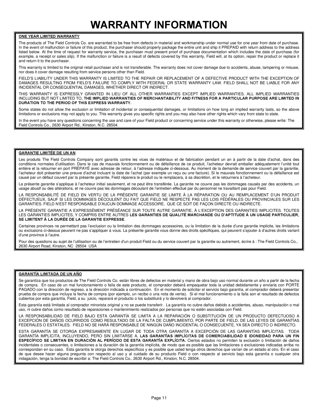 Field Controls 20+UL instruction sheet Warranty Information 