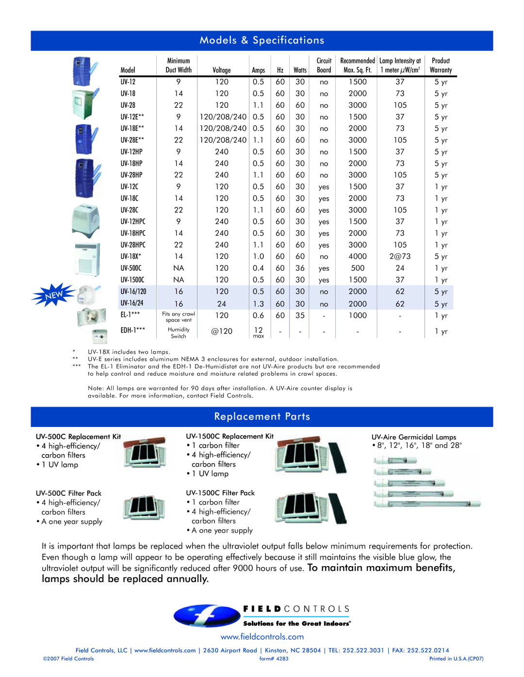 Field Controls 24v manual Models & Specifications, Replacement Parts 