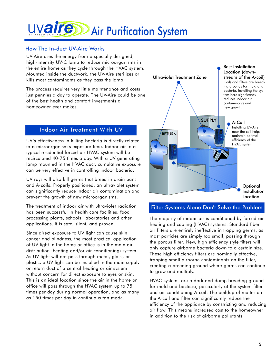 Field Controls 24v manual How The In-duct UV-Aire Works, Indoor Air Treatment With UV 