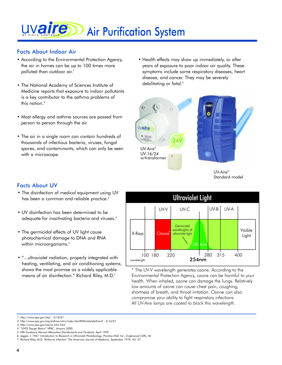 Field Controls 24v manual Facts About Indoor Air, Facts About UV, UV-AIRE Air Purification System 