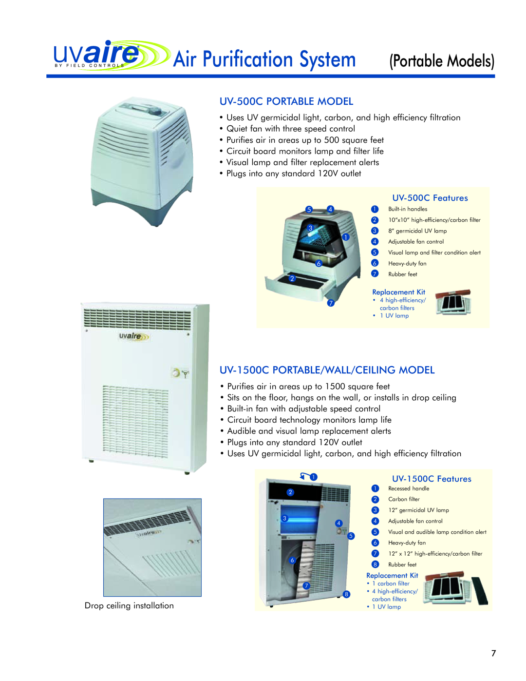 Field Controls 24v manual UV-500CPORTABLE MODEL, UV-1500CPORTABLE/WALL/CEILING MODEL, UV-500CFeatures, UV-1500CFeatures 