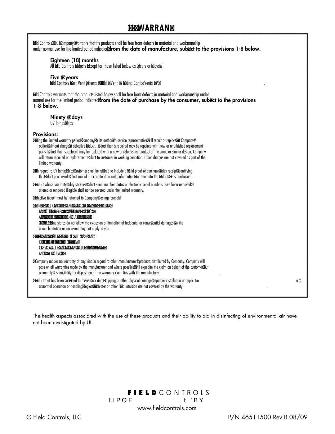 Field Controls 46511500, UV-16/120 installation instructions Limited Warranty 