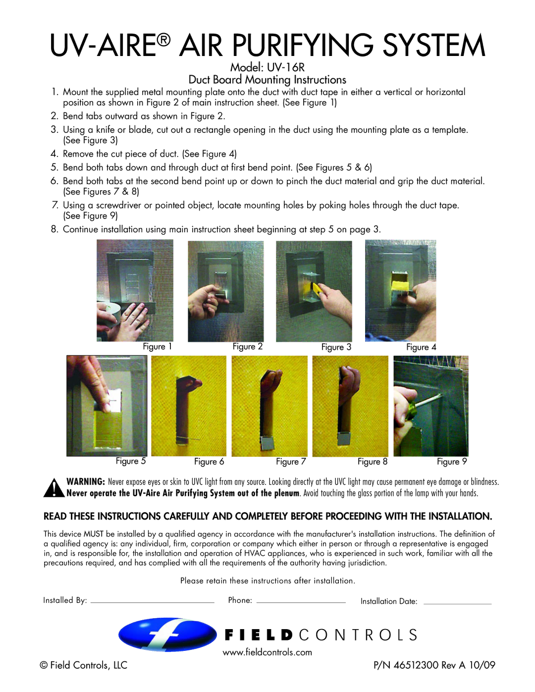 Field Controls installation instructions UV-AIREAIR Purifying System, Model UV-16R Duct Board Mounting Instructions 