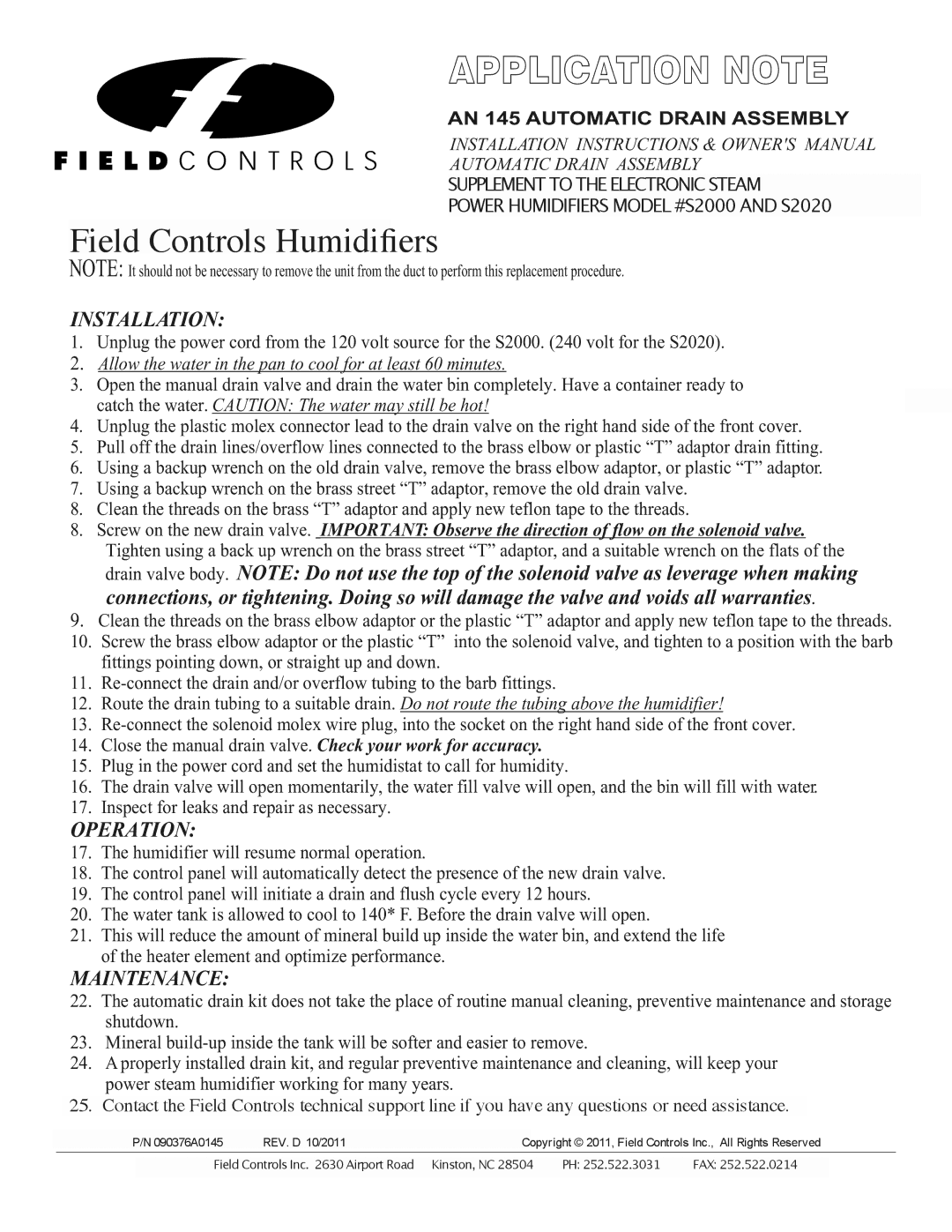 Field Controls 52000 installation instructions Application Note, ULTRAField -ControlsZONE HUMIDIFIERSHumidiﬁers, Operation 