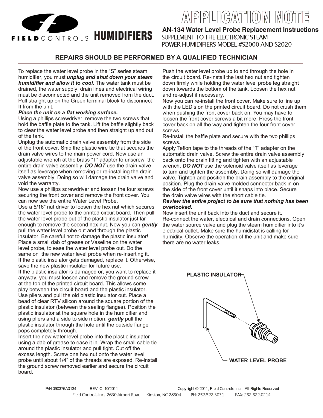 Field Controls warranty Humidifiers, AN-134 Water Level Probe Replacement Instructions 