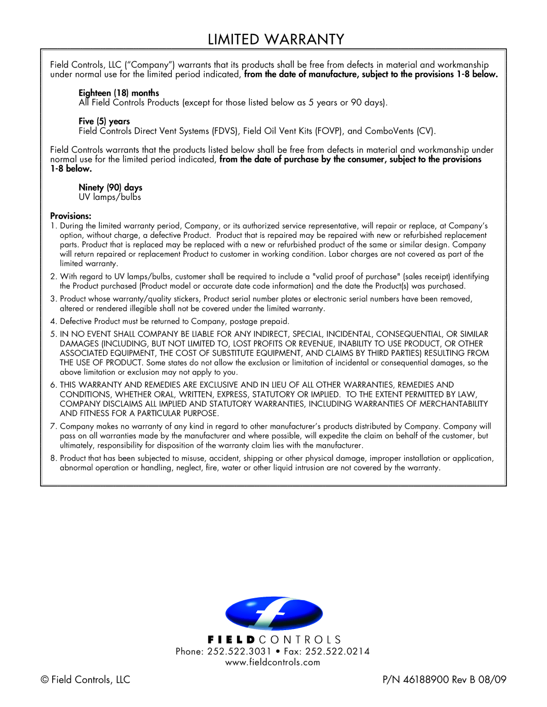 Field Controls CAC-120 installation instructions Limited Warranty 