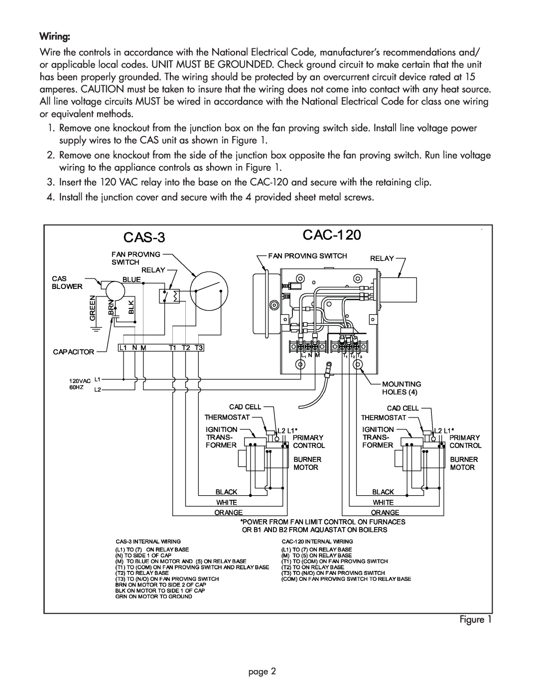 Field Controls CAC-120 installation instructions Wiring 