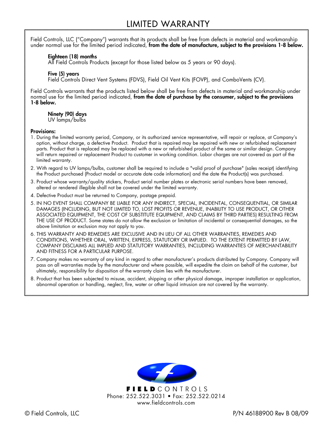 Field Controls CAC-120 installation instructions Limited Warranty, Field Controls, LLC, P/N 46188900 Rev B 08/09 