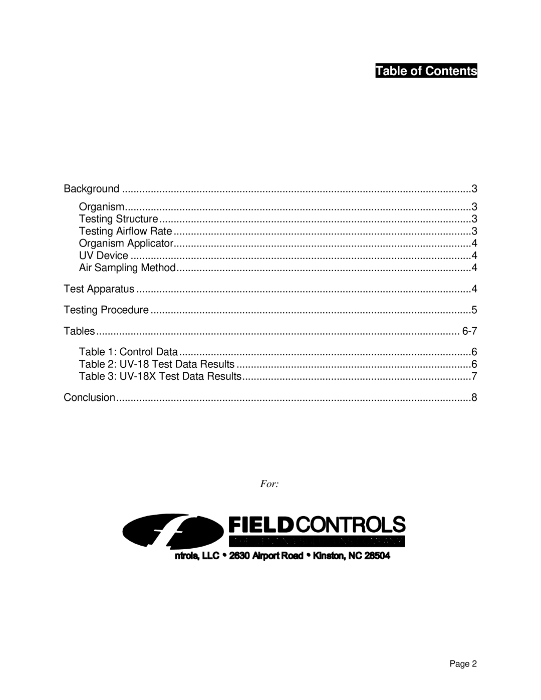 Field Controls CC 2000 manual Table of Contents 