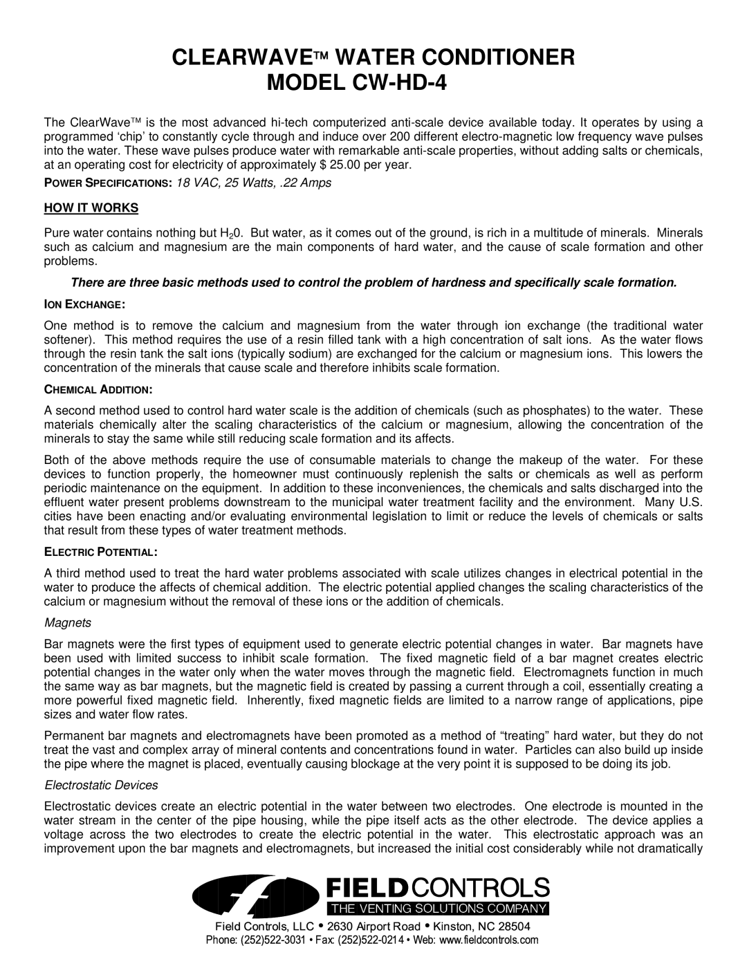 Field Controls CW-HD-4 specifications Power Specifications 18 VAC, 25 Watts, .22 Amps, HOW IT Works, Magnets 