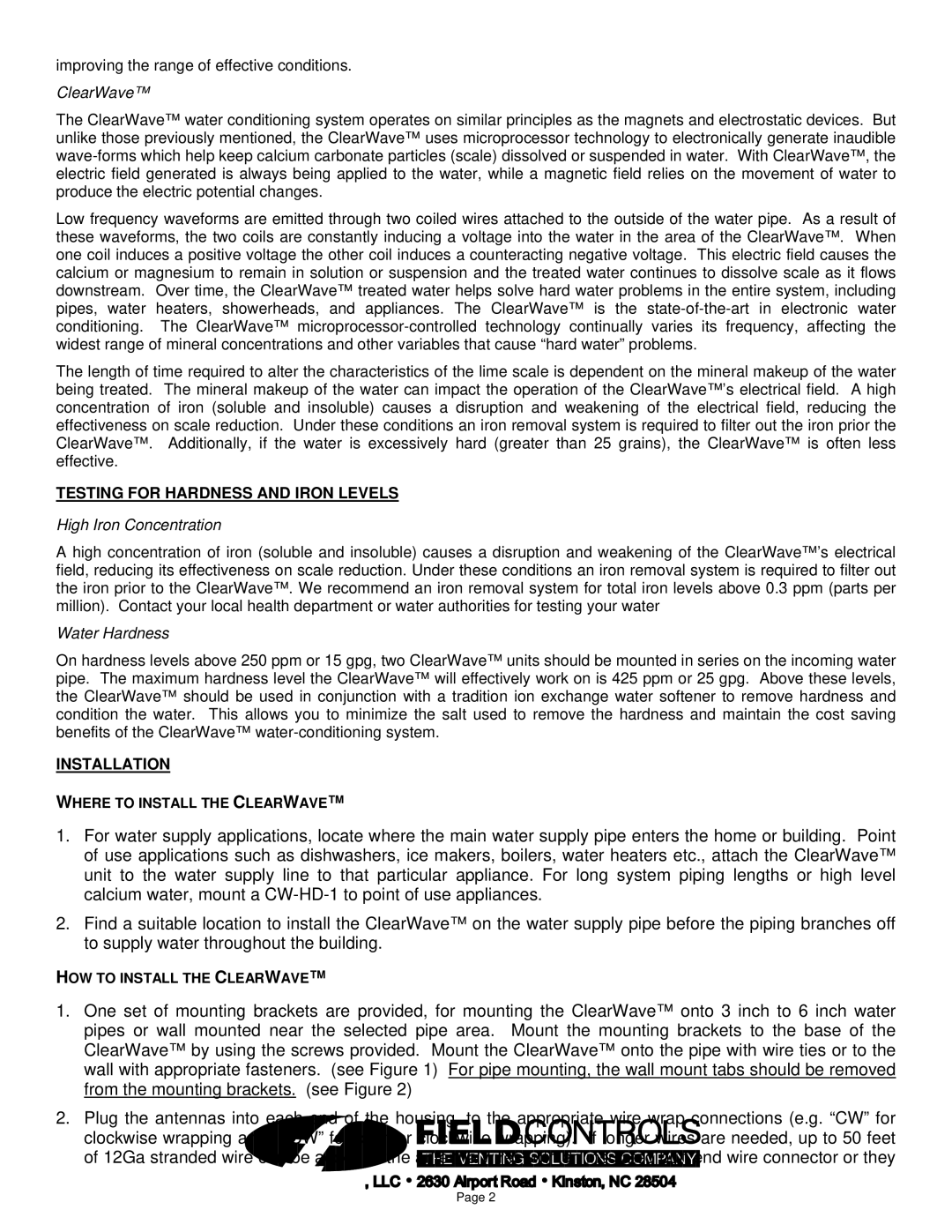Field Controls CW-HD-4 ClearWave, Testing for Hardness and Iron Levels, High Iron Concentration, Water Hardness 