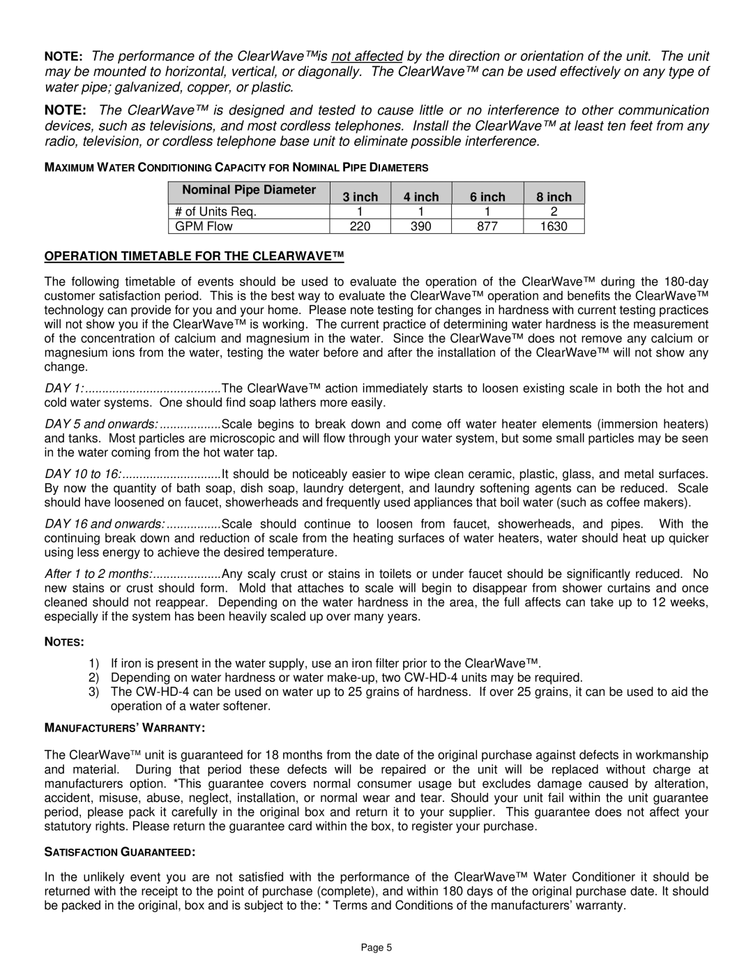 Field Controls CW-HD-4 specifications Operation Timetable for the Clearwave 