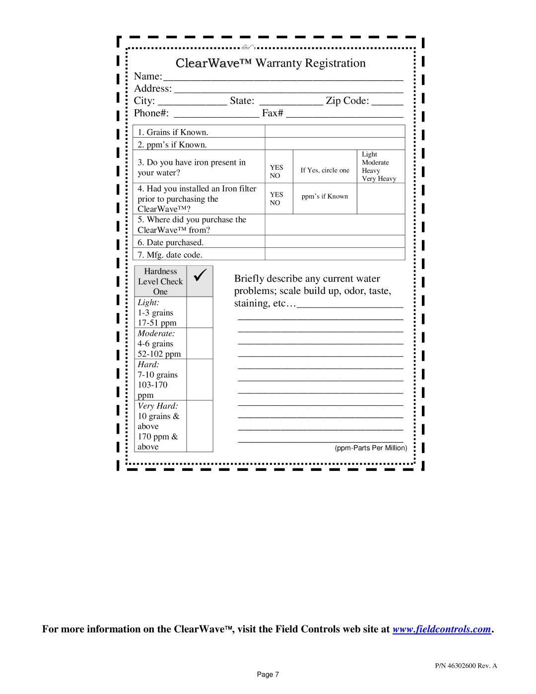 Field Controls CW-HD-4 specifications ClearWave Warranty Registration 