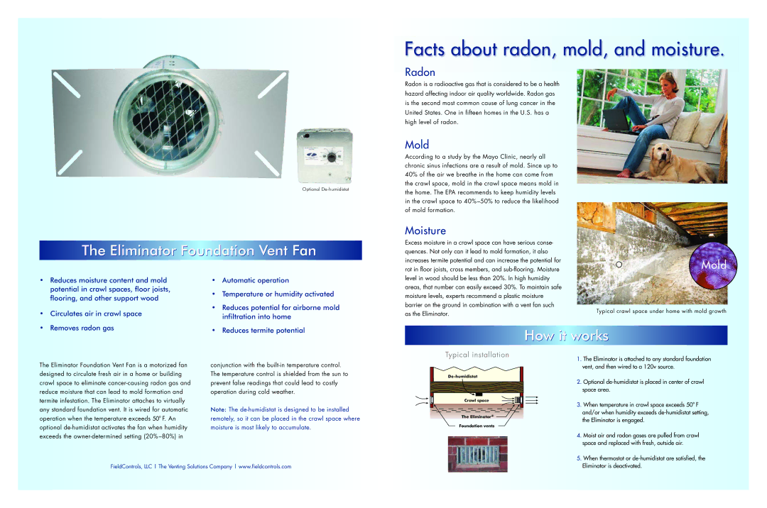 Field Controls dimensions Eliminator Foundation Vent Fan, How it works, Radon, Mold, Moisture 