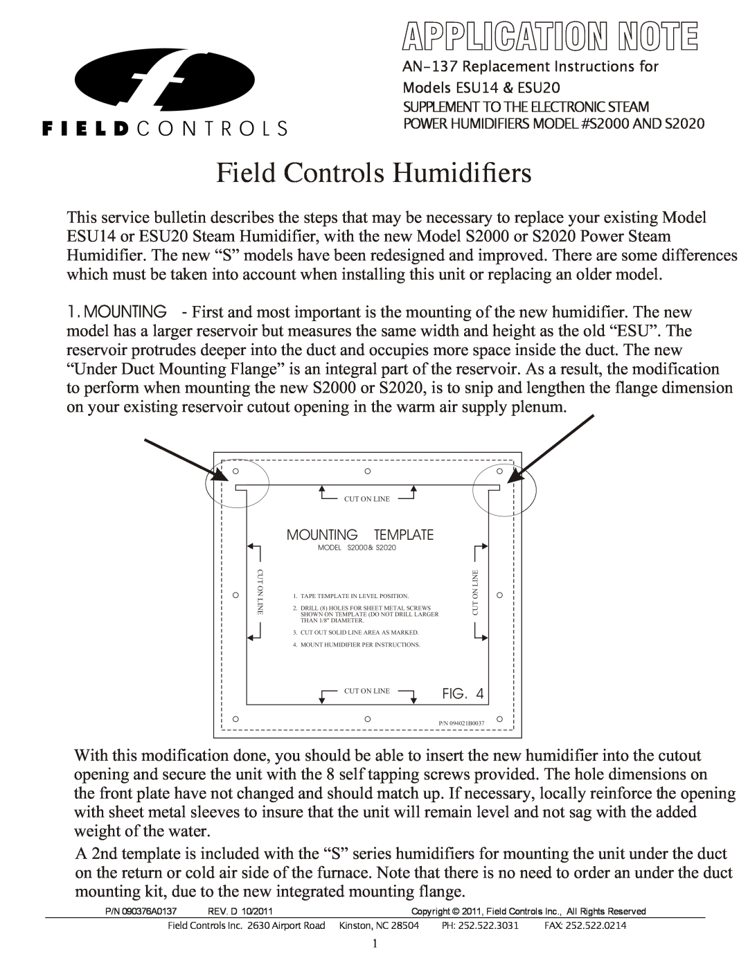 Field Controls dimensions Field Controls Humidiﬁers, AN-137 Replacement Instructions for Models ESU14 & ESU20 
