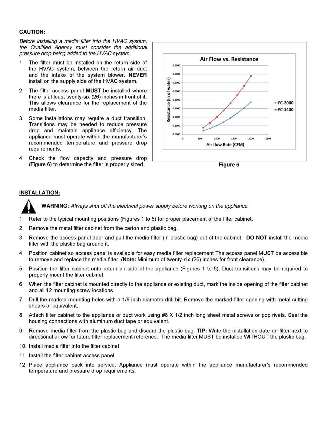 Field Controls FC-2000, FC-1400 installation instructions To determine the filter is properly sized, Installation 