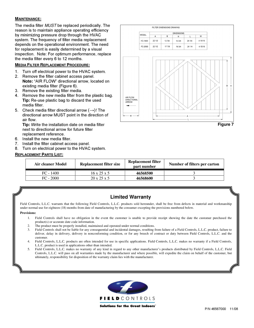 Field Controls FC-1400, FC-2000 installation instructions Limited Warranty 