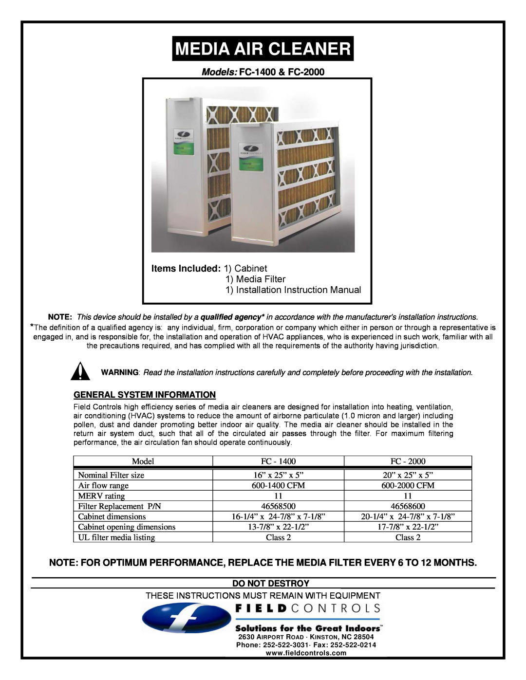 Field Controls FC-2000, FC-1400 installation instructions General System Information, Do Not Destroy, Media Air Cleaner 