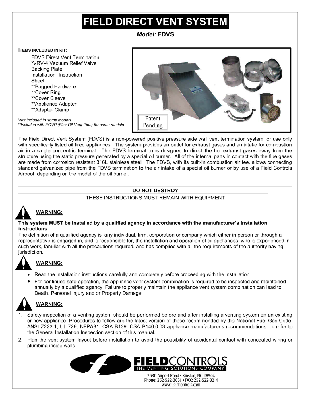 Field Controls FDVS installation instructions Field Direct Vent System 