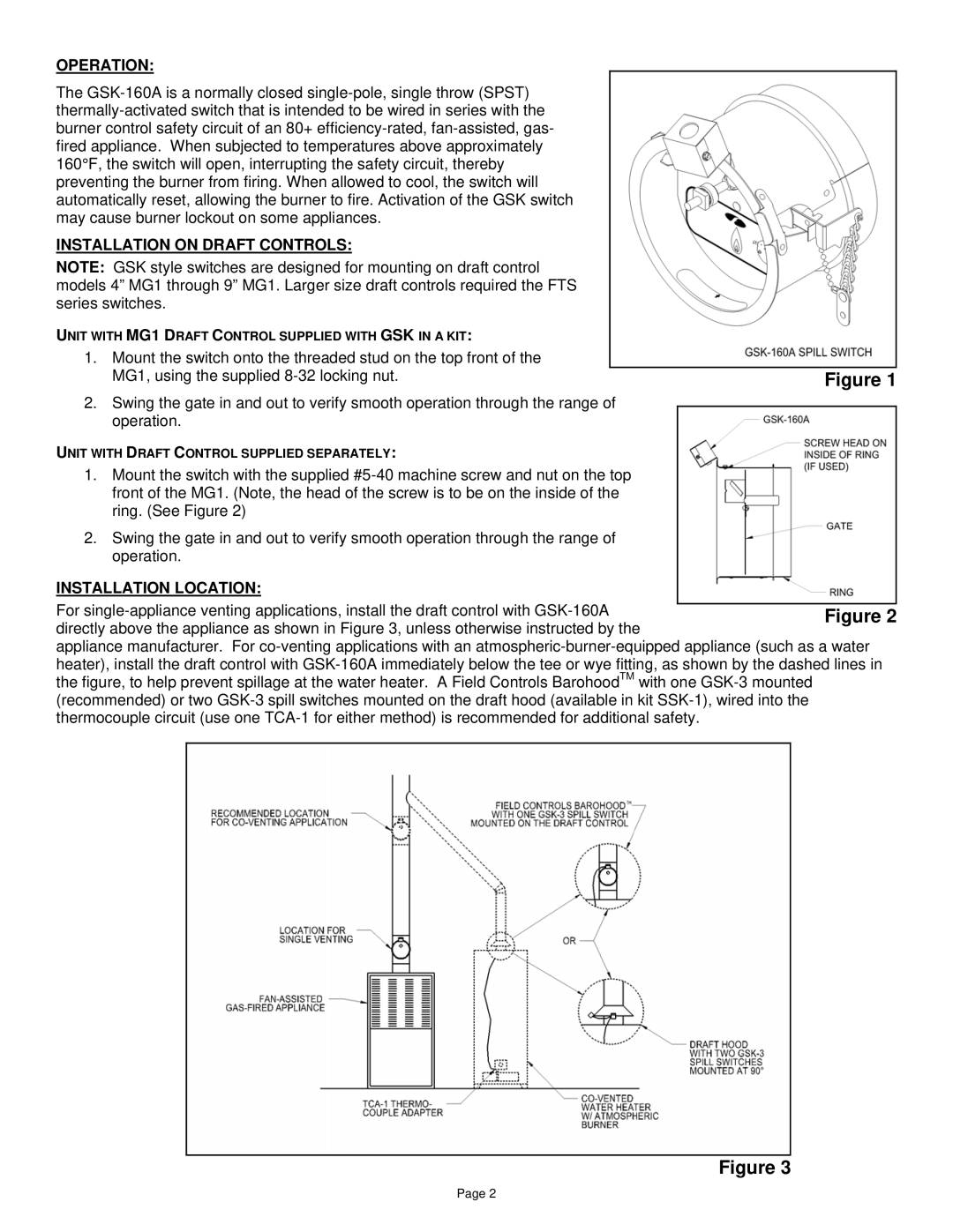 Field Controls GSK-160A installation instructions Operation, Installation on Draft Controls, Installation Location 