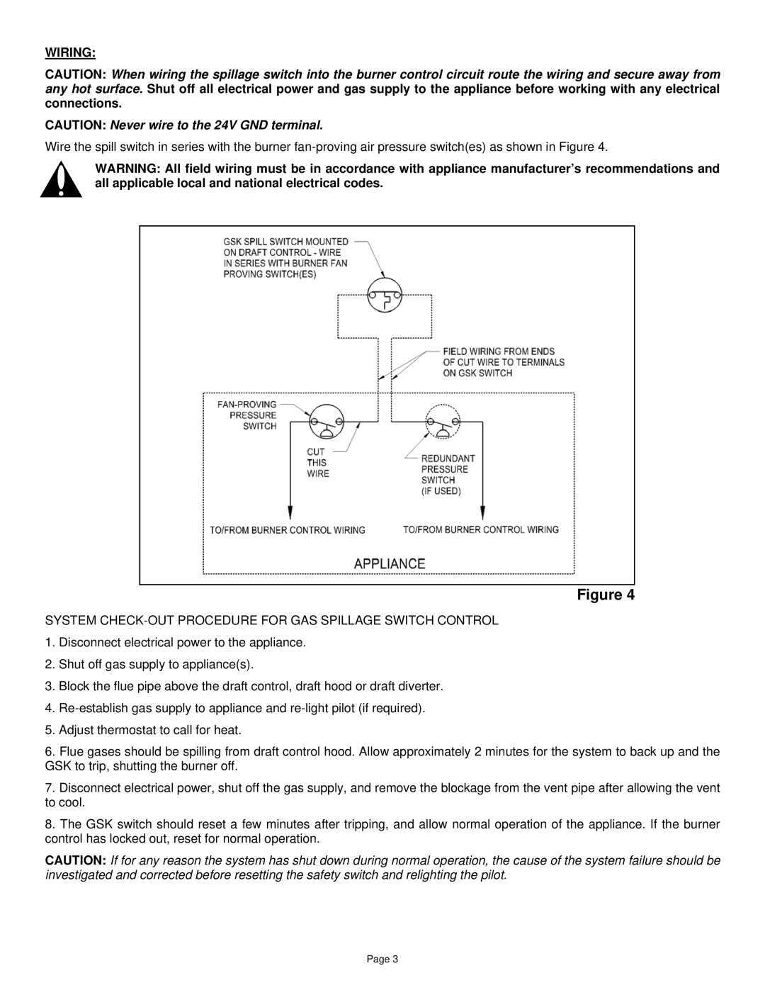 Field Controls GSK-160A installation instructions Wiring, System CHECK-OUT Procedure for GAS Spillage Switch Control 