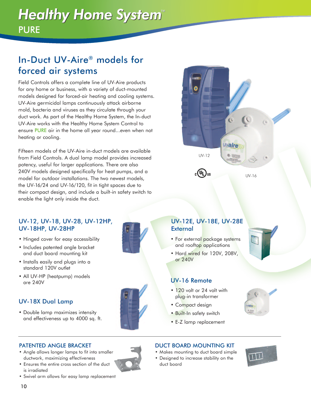 Field Controls IAQ11 manual Pure, In-Duct UV-Airemodels for forced air systems 