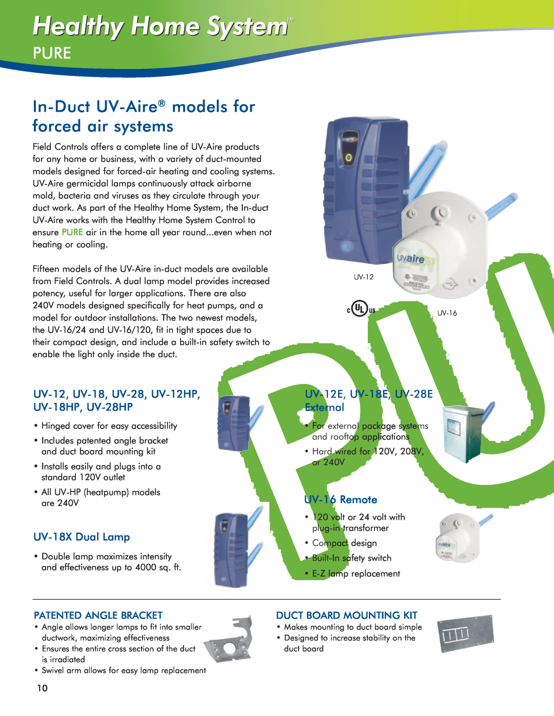 Field Controls IAQ11 Pure, In-Duct UV-Aire models for forced air systems, UV-12, UV-18, UV-28, UV-12HP UV-18HP, UV-28HP 