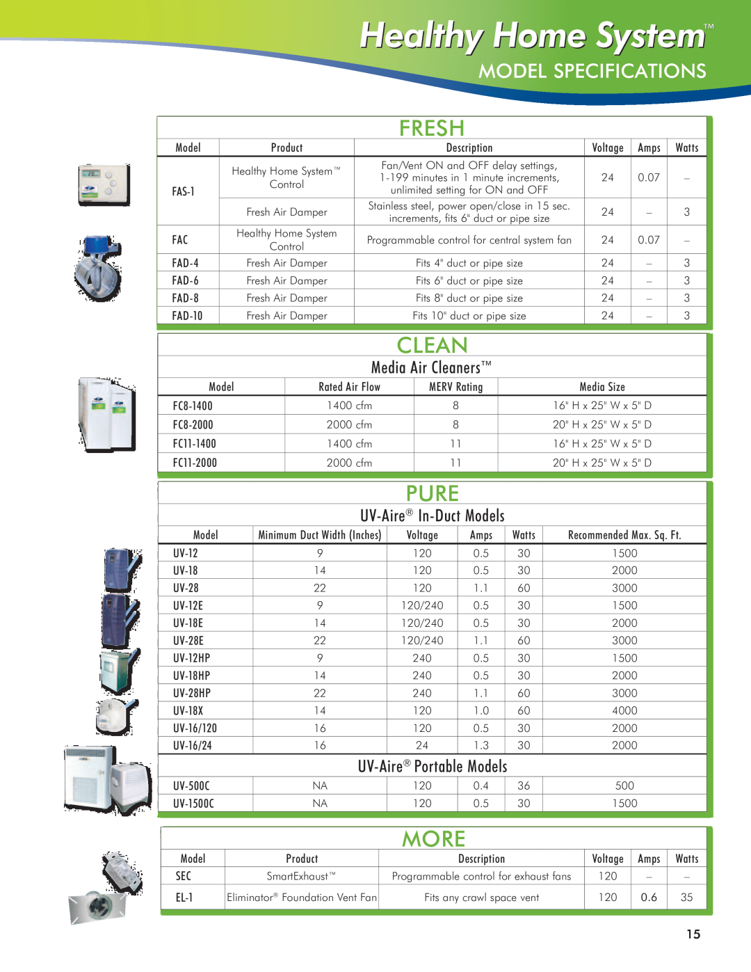Field Controls IAQ11 Model Specifications, Media Air Cleaners, UV-Aire In-DuctModels, UV-Aire Portable Models, Fresh, Pure 