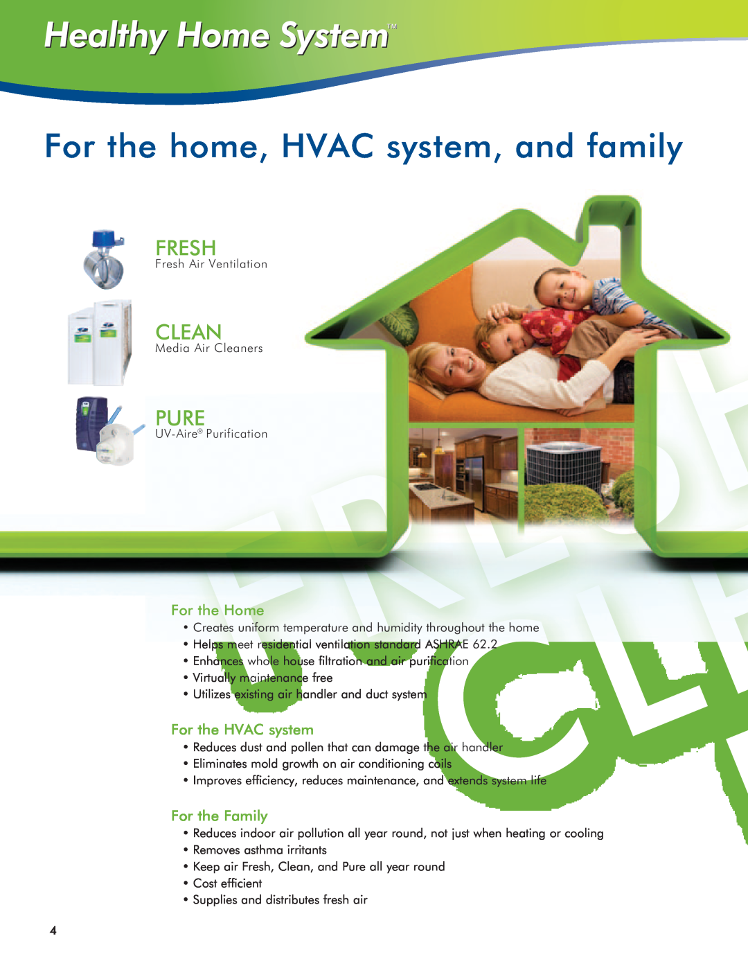 Field Controls IAQ11 manual For the home, HVAC system, and family, Fresh, Clean, Pure, For the Home, For the HVAC system 