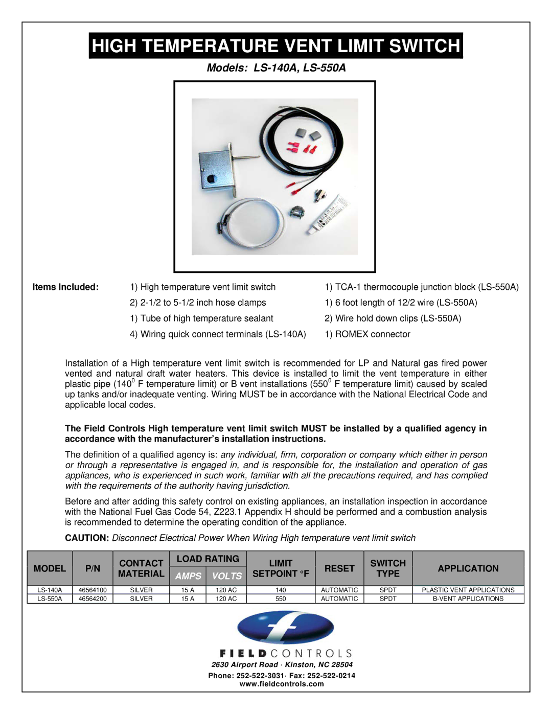 Field Controls LS-140A installation instructions High Temperature Vent Limit Switch, Items Included 