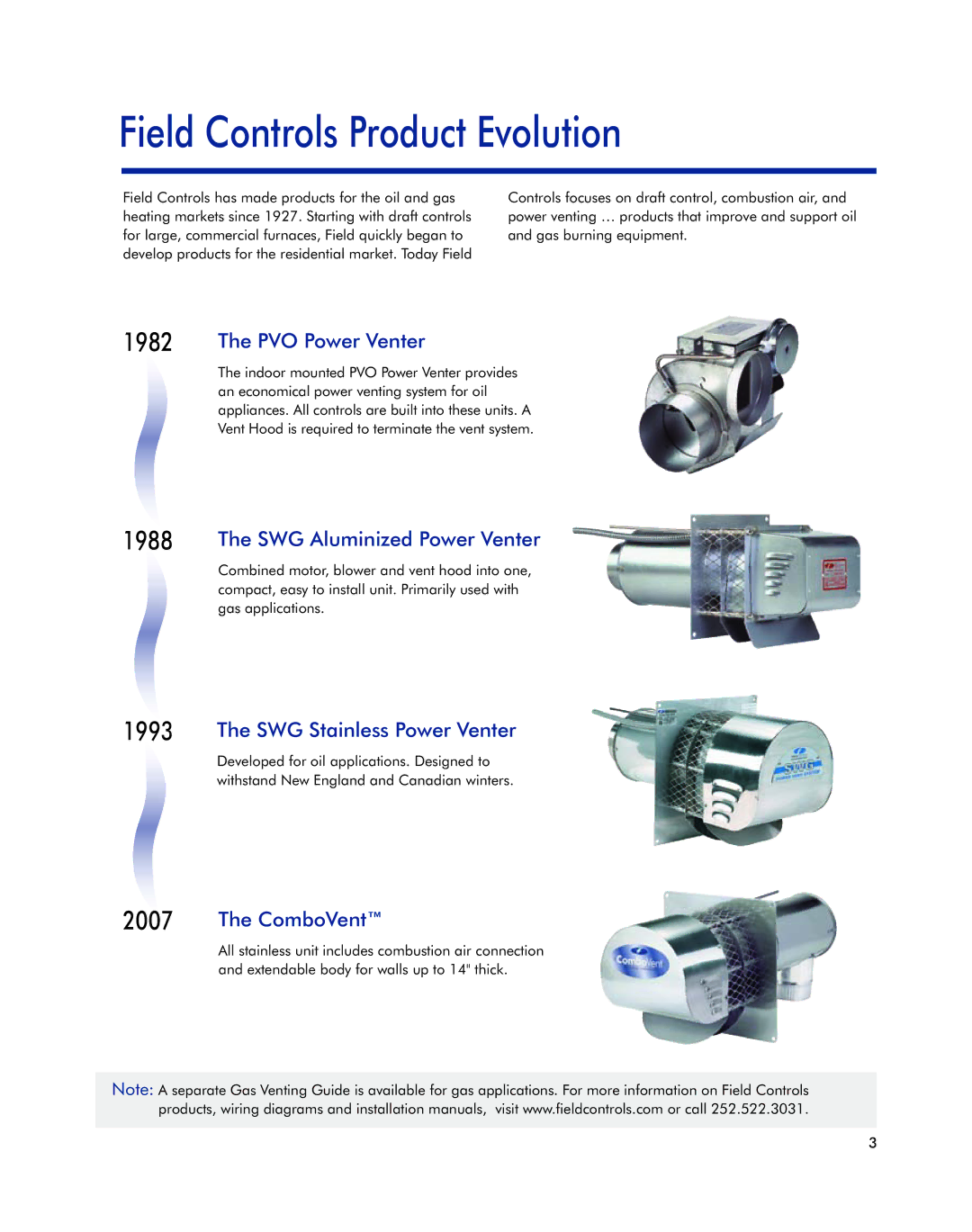 Field Controls Oil Venting Systems manual Field Controls Product Evolution, 1982 1988 1993 2007 