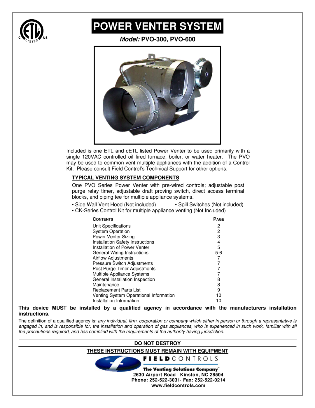 Field Controls PVO-300, PVO-600 specifications Typical Venting System Components 