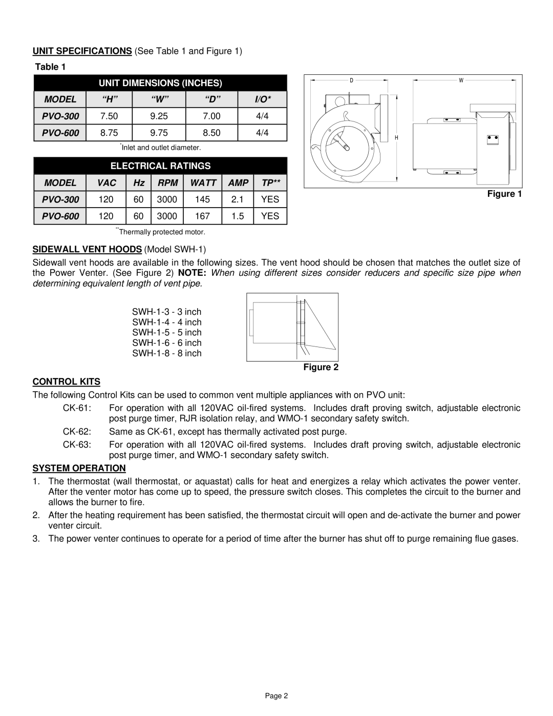 Field Controls PVO-600, PVO-300 specifications Model VAC RPM, Amp, Control Kits, System Operation 