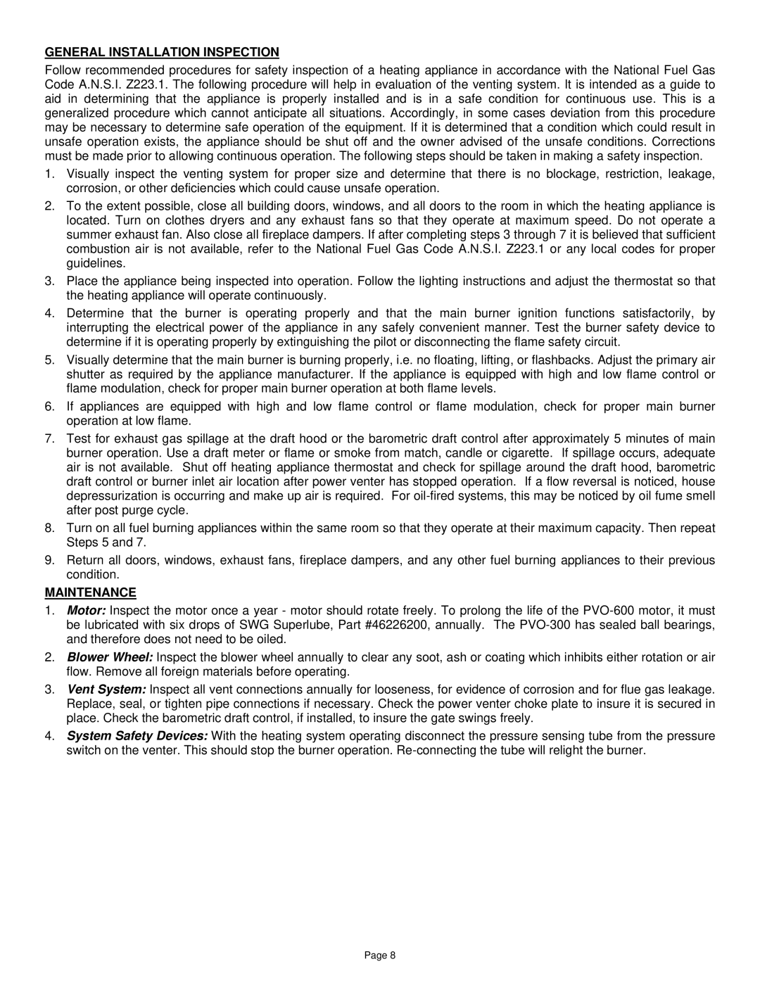 Field Controls PVO-600, PVO-300 specifications General Installation Inspection, Maintenance 