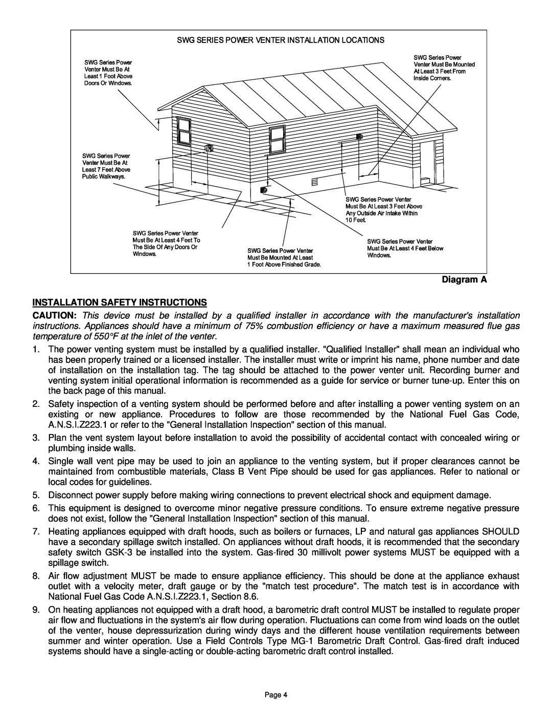 Field Controls PVO-600, PVO-300 specifications Diagram A INSTALLATION SAFETY INSTRUCTIONS 