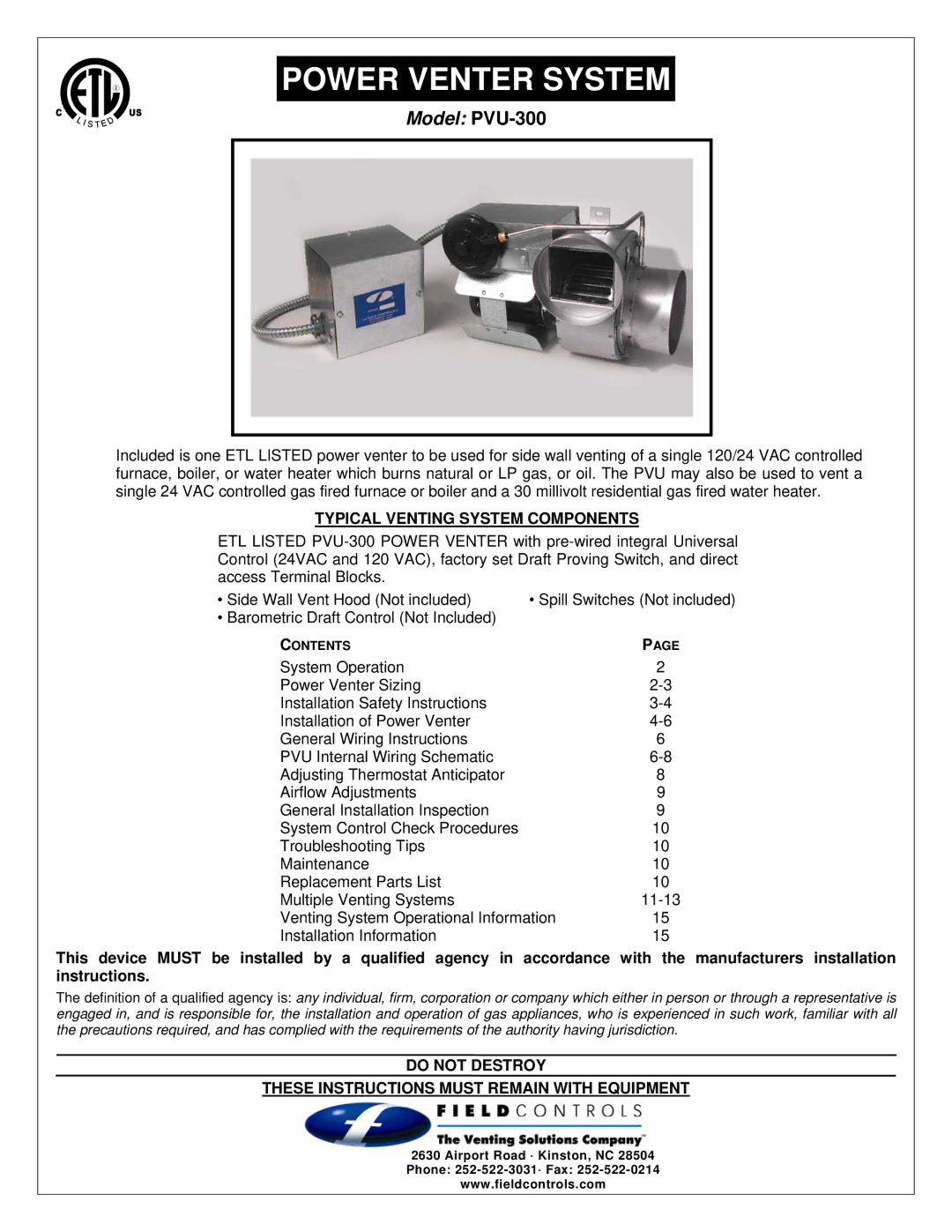 Field Controls PVU-300 installation instructions Typical Venting System Components 