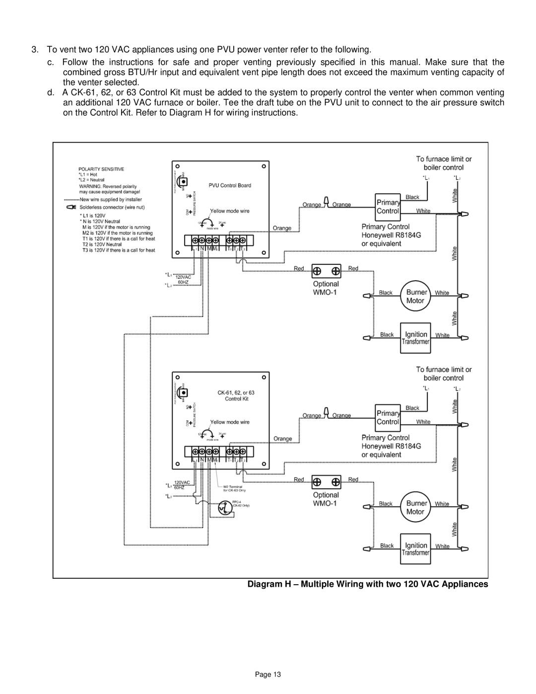 Field Controls PVU-300 installation instructions Diagram H Multiple Wiring with two 120 VAC Appliances 