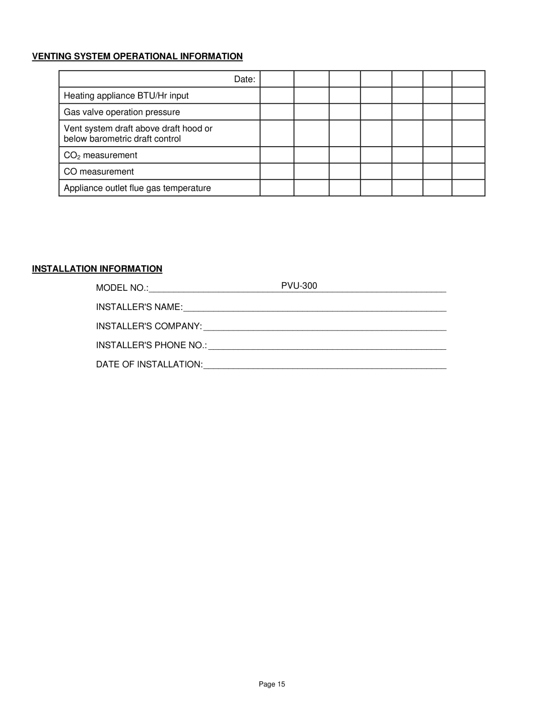 Field Controls PVU-300 installation instructions Venting System Operational Information, Installation Information 