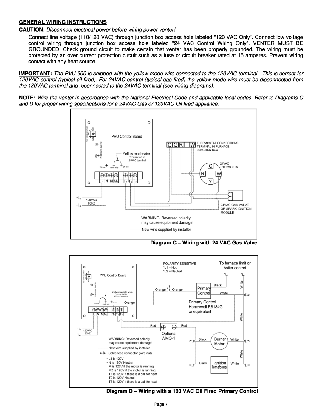 Field Controls PVU-300 installation instructions General Wiring Instructions, Diagram C - Wiring with 24 VAC Gas Valve 
