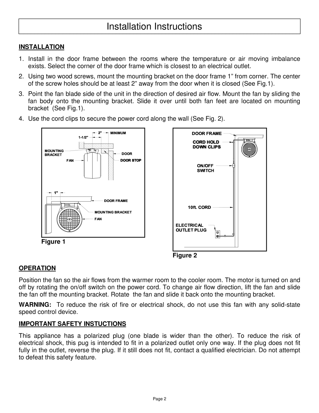 Field Controls RF-1 instruction manual Installation Instructions, Operation, Important Safety Instuctions 