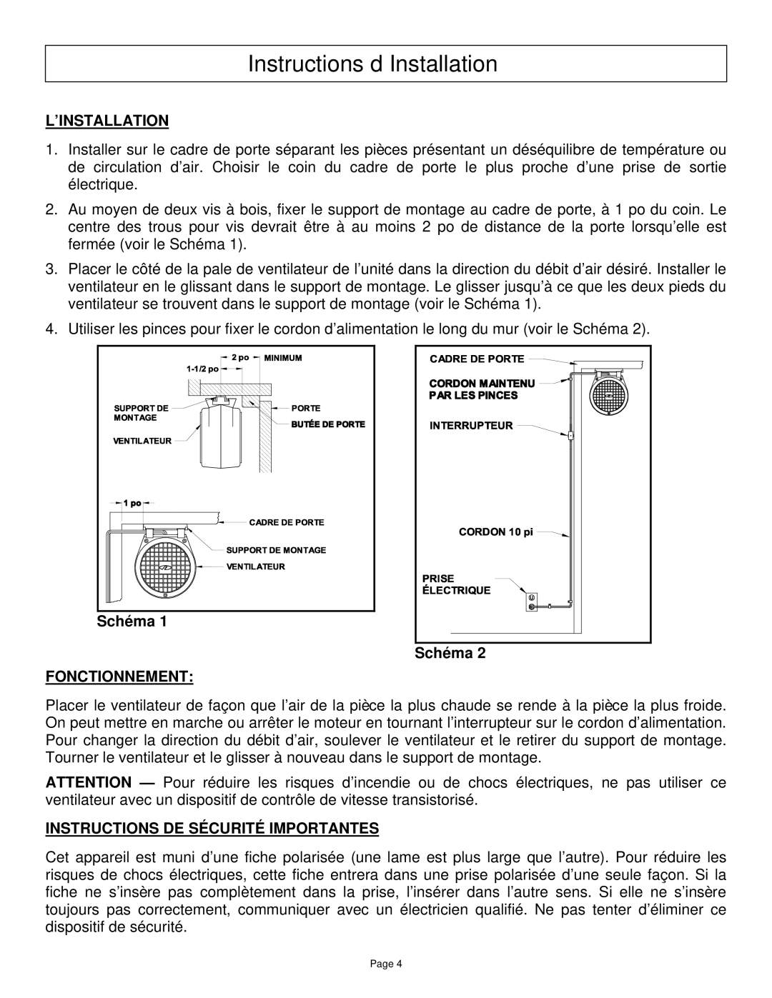 Field Controls RF-1 instruction manual Instructions d’Installation, Fonctionnement, Instructions DE Sécurité Importantes 