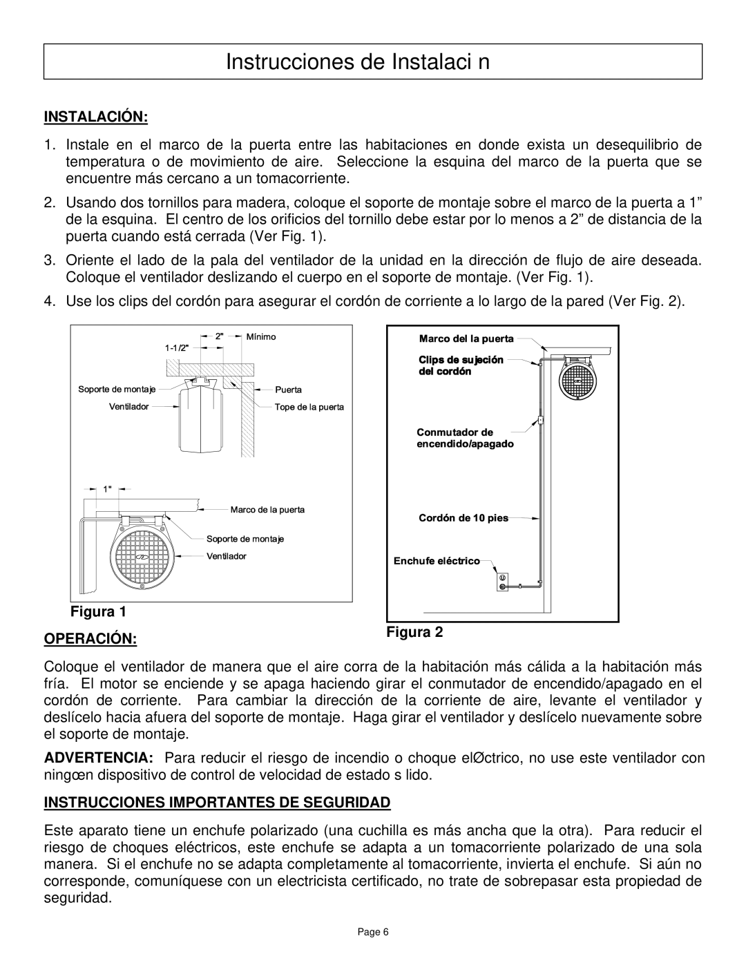 Field Controls RF-1 instruction manual Instrucciones de Instalación, Operación, Instrucciones Importantes DE Seguridad 