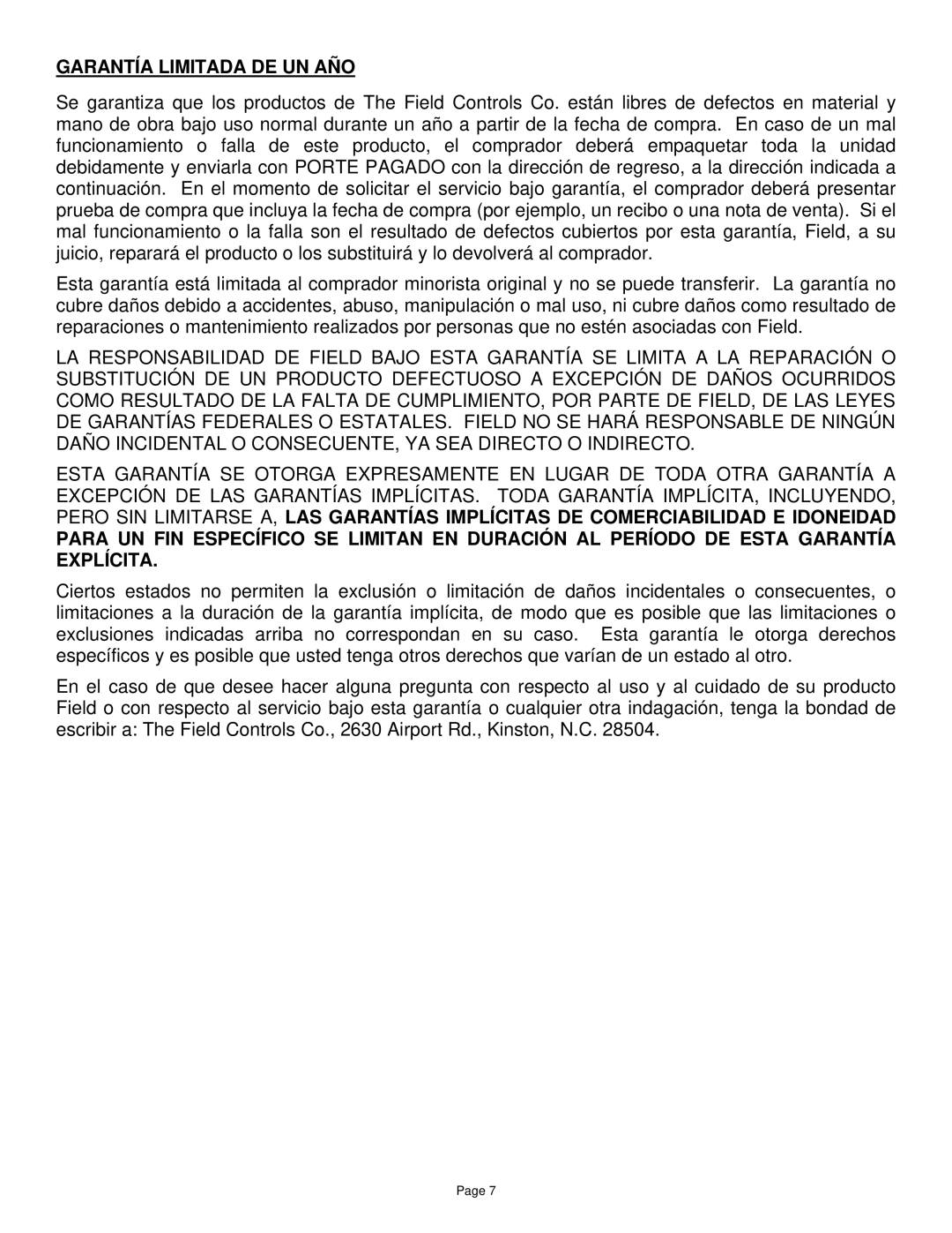 Field Controls RF-1 instruction manual Garantía Limitada DE UN AÑO 