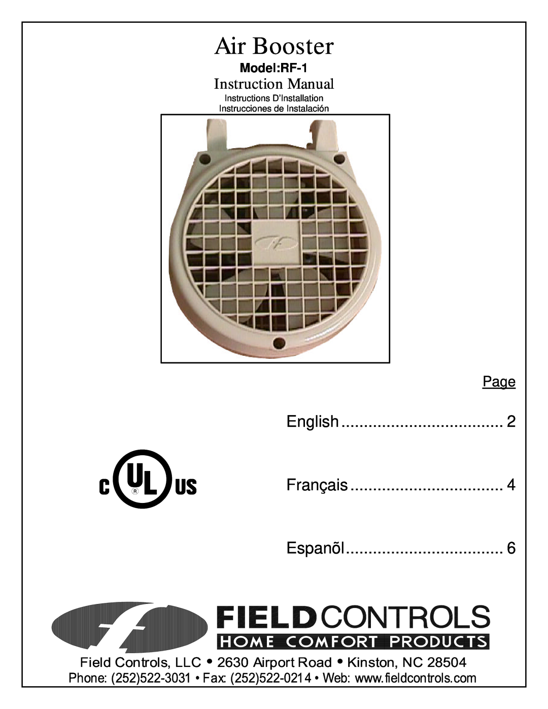 Field Controls instruction manual Air Booster, English, Français, Espanõl, Page, Model RF-1 